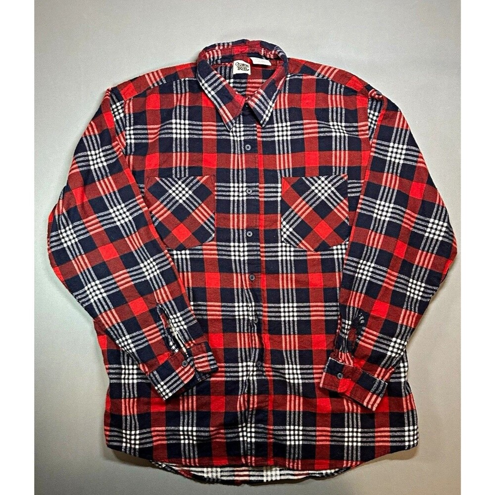 Ozark Trail Mens XL Red/Blue/White Plaid Flannel Cotton LS Pockets Button-Up